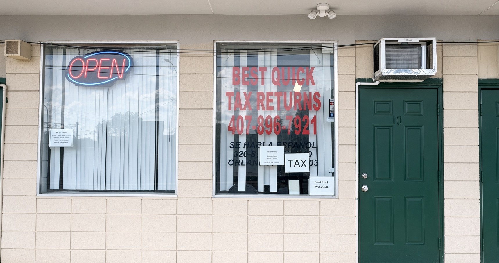 Best Quick Tax Returns office storefront at 320 South Bumby Avenue, Suite 10, Orlando